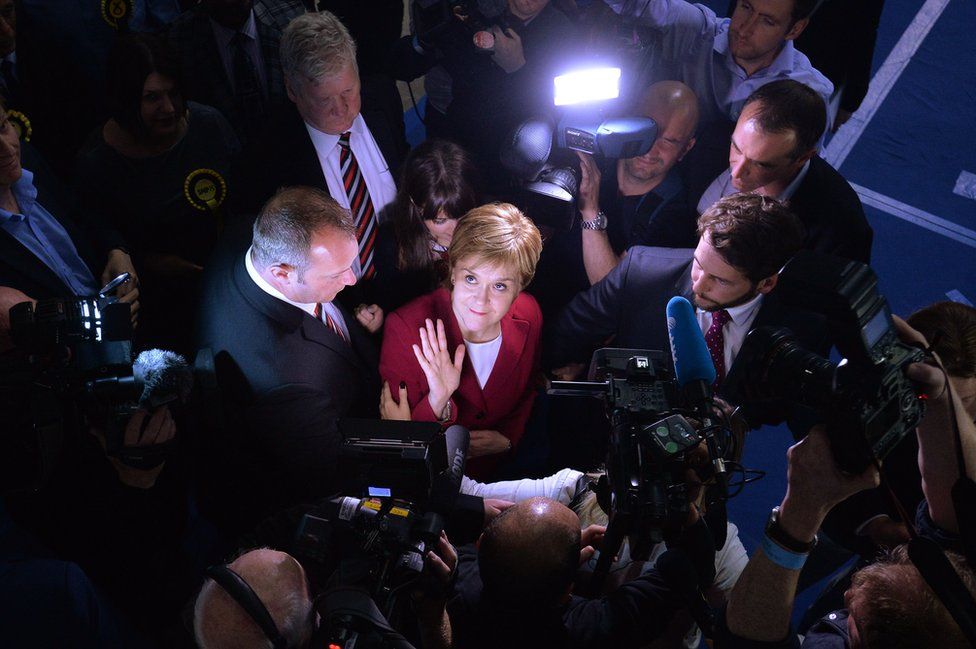 First Minister and SNP Leader Nicola Sturgeon arrives at the counting hall during the UK Parliamentary Elections at the Emirates Arena on 9 June 2017 in Glasgow, Scotland.