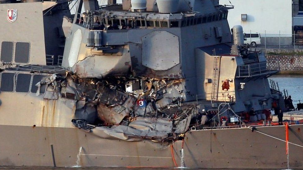 The USS Fitzgerald, damaged by colliding with a Philippine-flagged merchant vessel, on 17 June 2017.