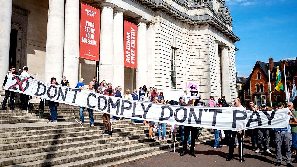 Protestors outside Cardiff Museum