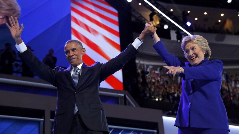 Barack Obama and Hillary Clinton at Democratic National Convention in Philadelphia, Pennsylvania, July 27, 2016