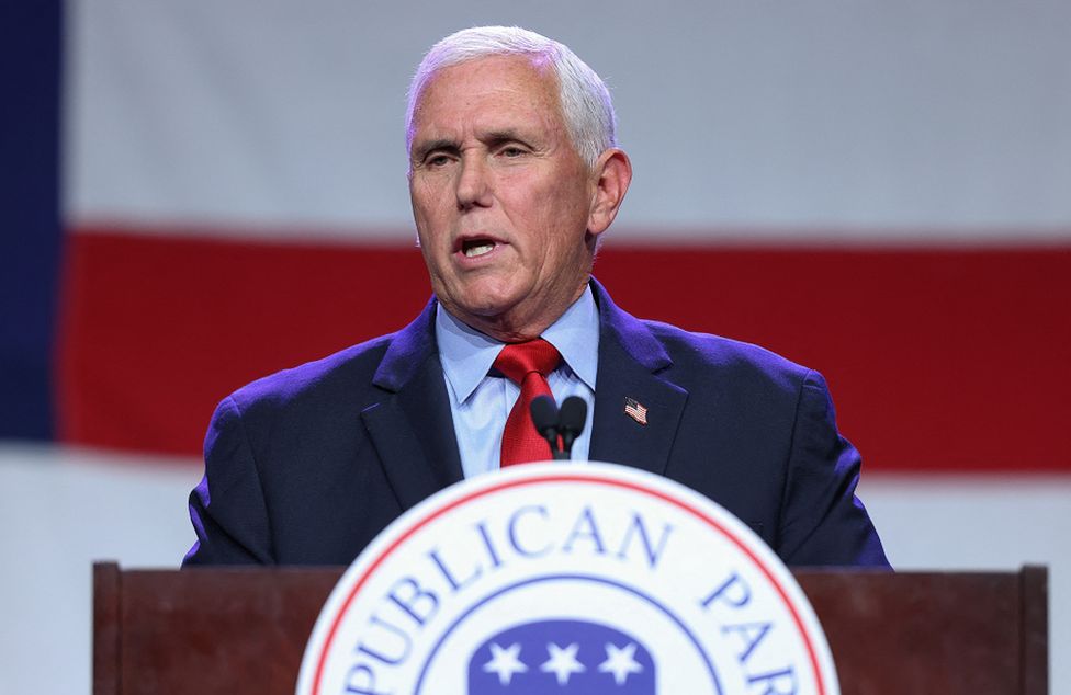 Former US Vice President Mike Pence speaking at the Republican Party of Iowa's Lincoln Day Dinner in Des Moines, Iowa on 28 July