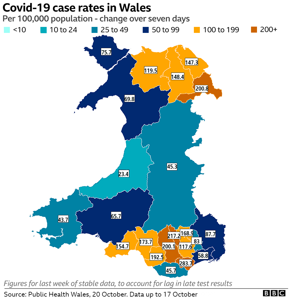 Map showing case rates across Wales