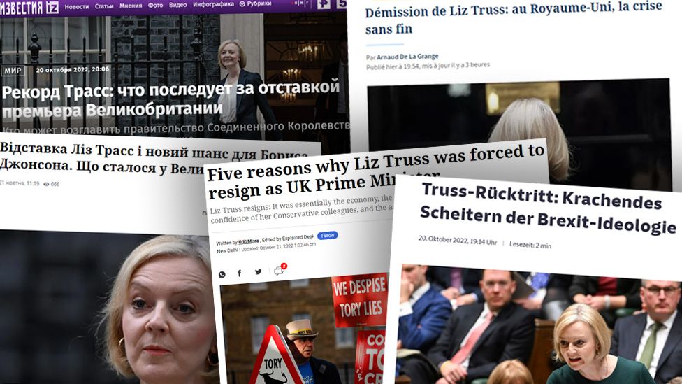 Combo image of front pages reporting on UK political crisis from across the world