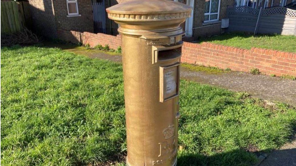 Postbox in Dartford painted gold