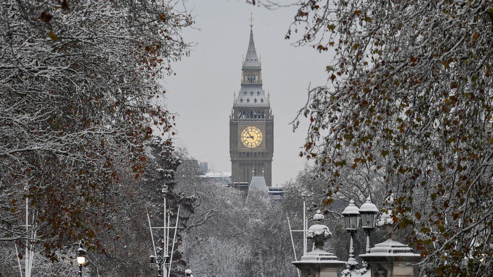 Snowy scene in central London