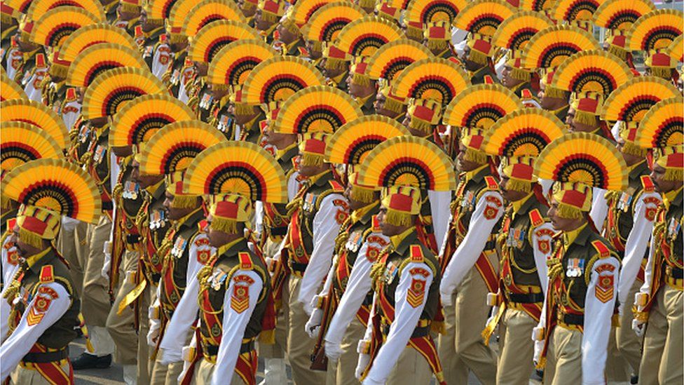 Indian soldiers march during the full dress rehearsal for the upcoming Republic Day parade, on January 23, 2023 in New Delhi,