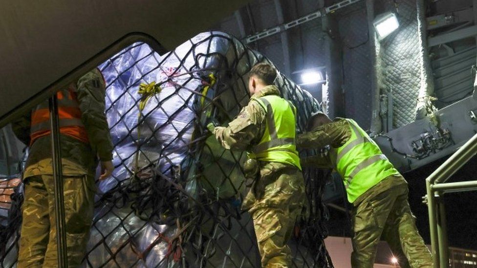 RAF Airbus A400M military transport plane being loaded with UK aid for the onward journey in support of the earthquake in Turkey and Syria, at Brize Norton base on 9 February 2023