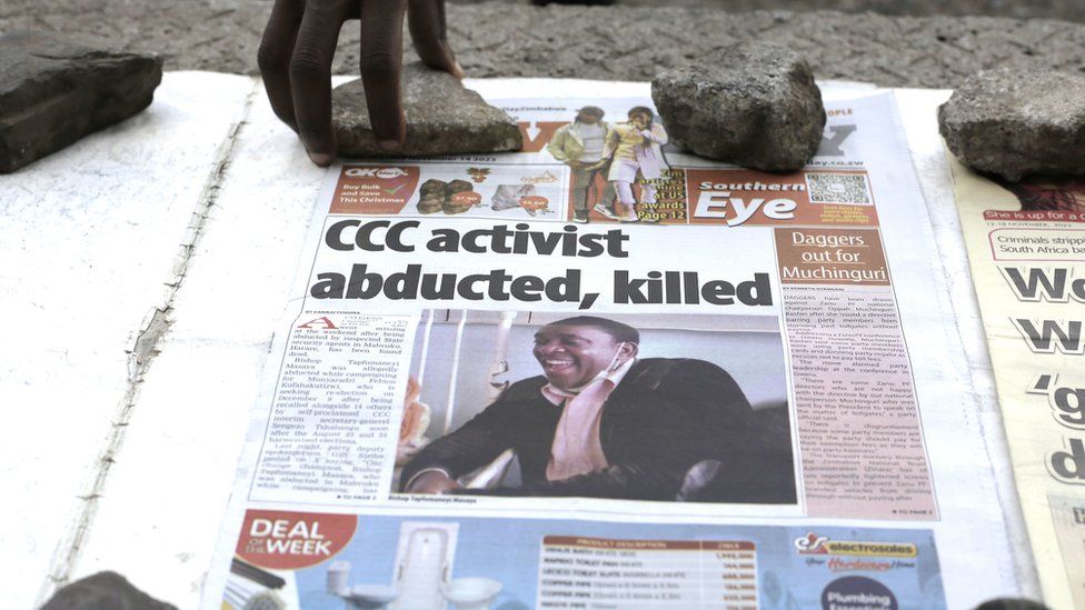 A newspaper with frontpage headline and report on the death of Tapfumaneyi Masaya