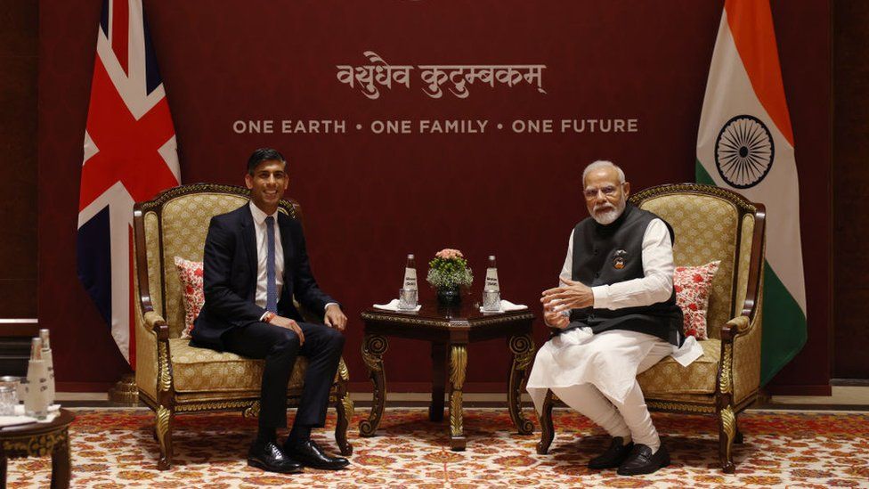 NEW DELHI, INDIA - SEPTEMBER 09: Prime Minister Narendra Modi of India holds a bilateral meeting with British Prime Minister Rishi Sunak during the G20 Leaders' Summit on September 9, 2023 in New Delhi, Delhi. This 18th G20 Summit between 19 countries and the European Union, and now the African Union, is the first to be held in India and South Asia. India's Prime Minister, Narendra Modi, is the current G20 President and chairs the summit. (Photo by Dan Kitwood/Getty Images)