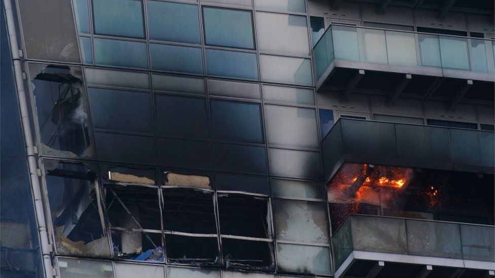 Close up of fire in tower block