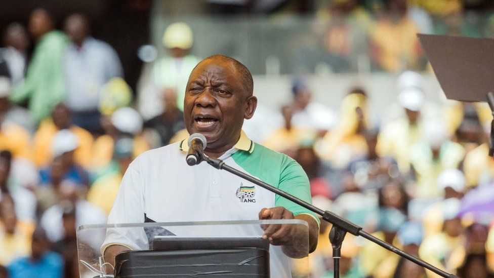 African National Congress (ANC) President Cyril Ramaphosa addresses supporters