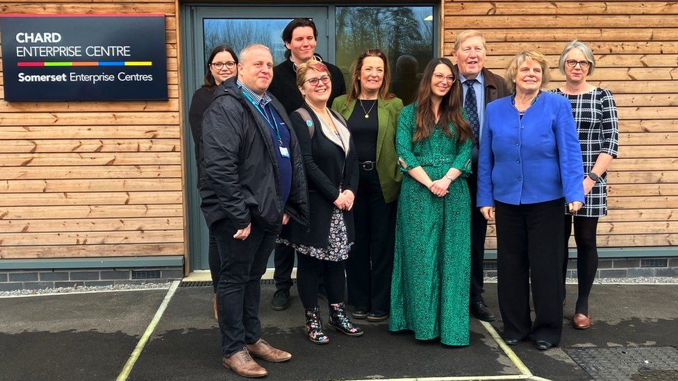 Image of Councillor Ros Wyke With Other Councillors And Officers Outside The Chard Enterprise Centre On Beeching Close In Chard Somerset