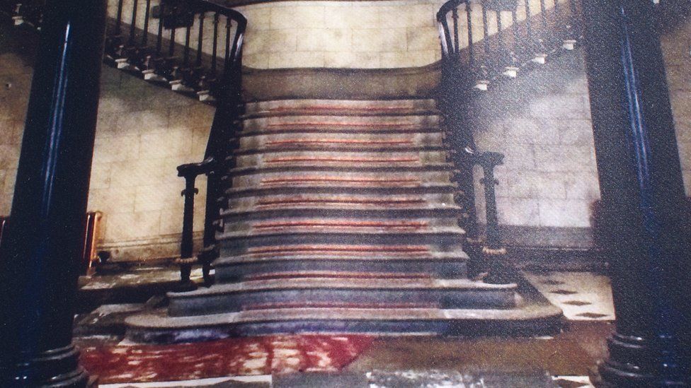 Before the restoration - the main entrance and staircase at Plas Glynllifon