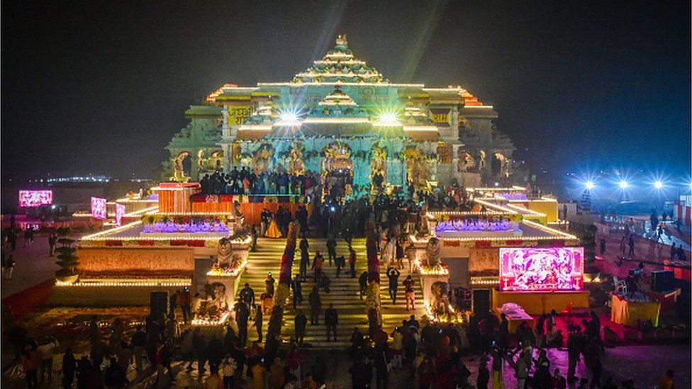 A general view of the Ram Mandir on the day of its consecration ceremony January 22, 2024 in Ayodhya, India. The Ram Mandir, a temple built at a site thought to be the birth place of Lord Rama, a significant figure in Hindu religion, was be inaugurated on Jan. 22, 2024