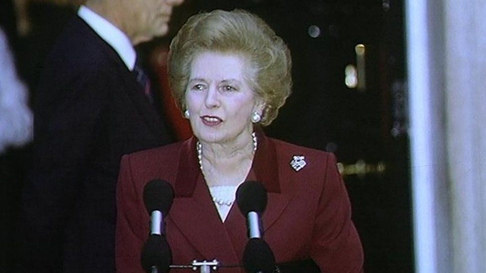 Margaret Thatcher speaking outside Downing Street on her last day as prime minister