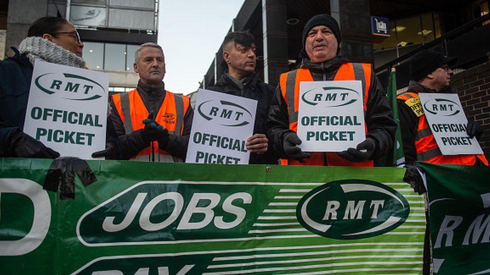 RMT members on their picket line at Euston Station