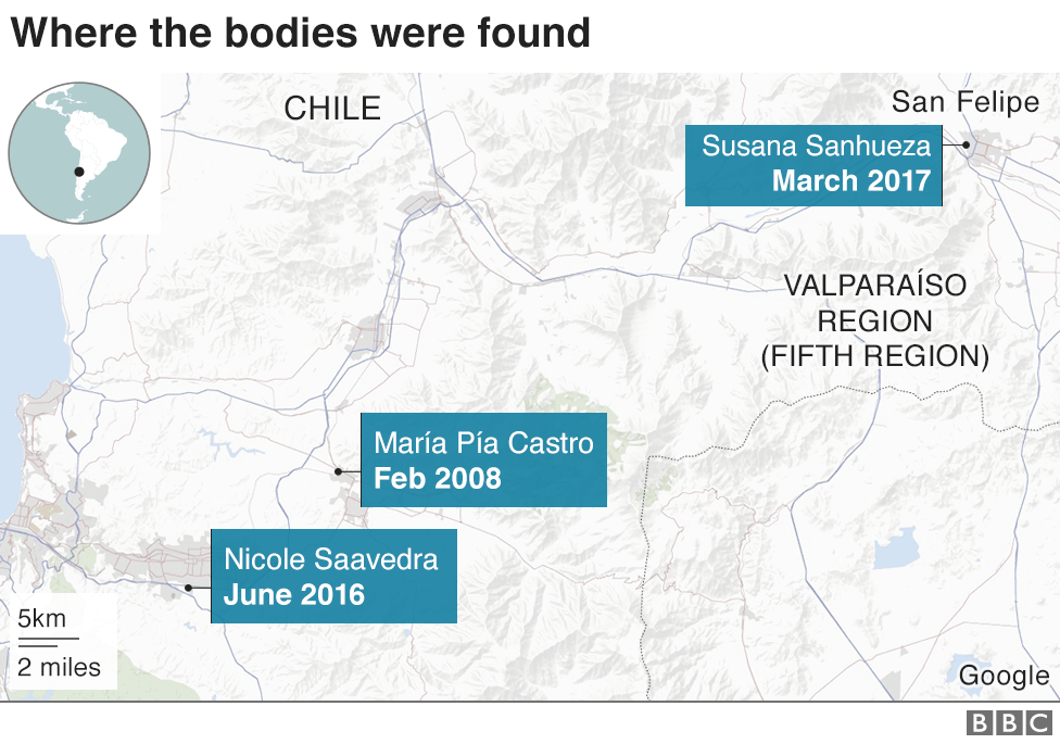 Map showing where the bodies of three murdered butch lesbians were found