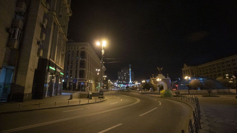 A view of empty streets following the curfew in the country after explosions and air raid sirens wailing again in Kyiv, Ukraine on February 26,
