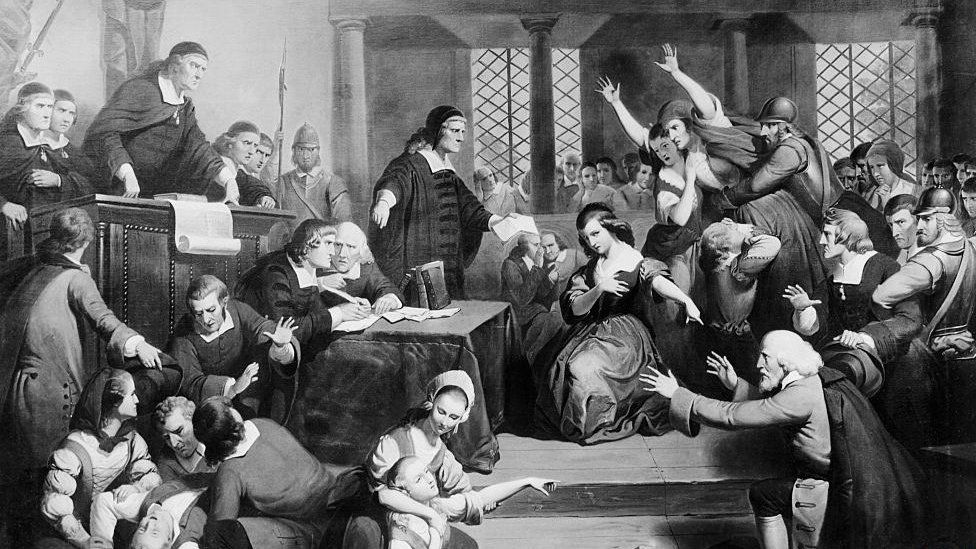 An illustration of the trial of George Jacobs, who was hanged during the Salem witch trials in 1692