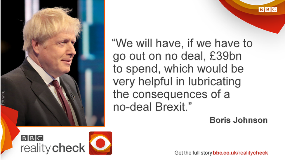 Boris Johnson saying: "We will have, if we have to go out on no-deal, £39bn to spend, which would be very helpful in lubricating the consequences of a no-deal Brexit."