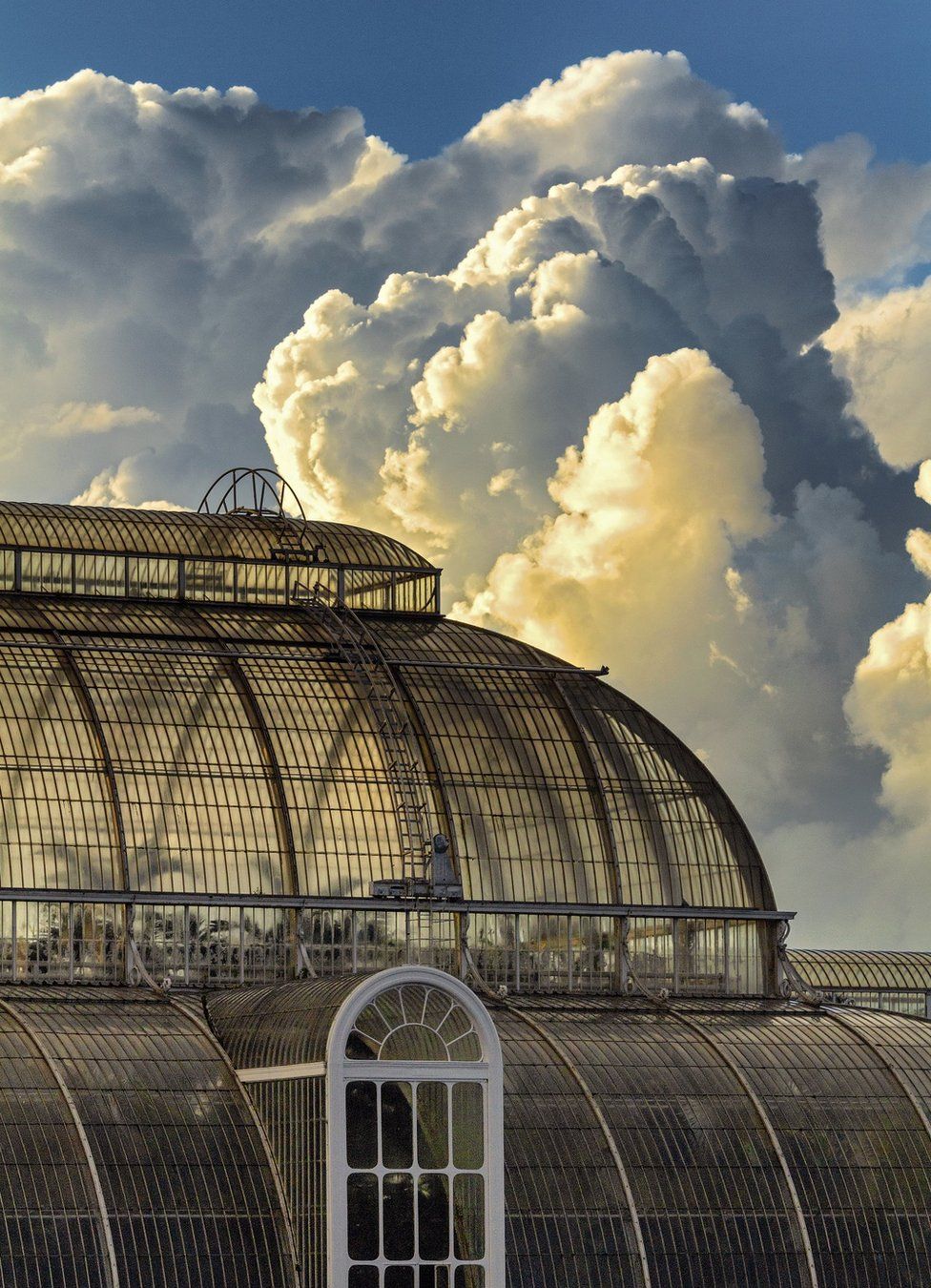 A very large greenhouse with the sky behind it