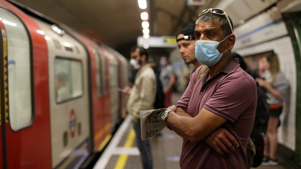 Commuters wearing face masks on Tube