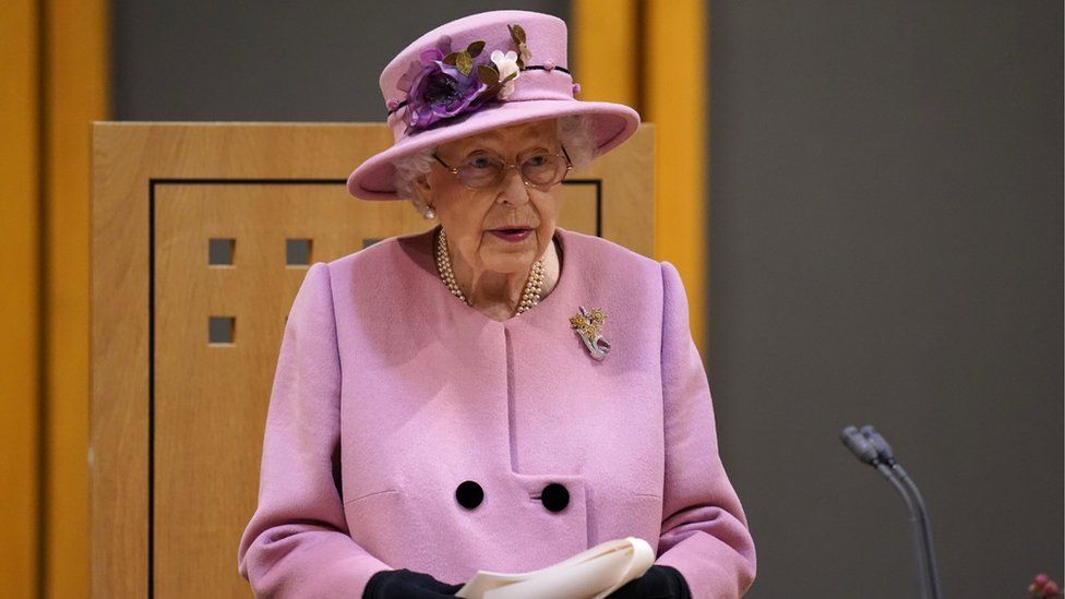 Queen Elizabeth II addresses the Senedd inside the Siambr (Chamber) during the ceremonial opening of the Sixth Senedd at The Senedd on October 14, 2021 in Cardiff, Wales