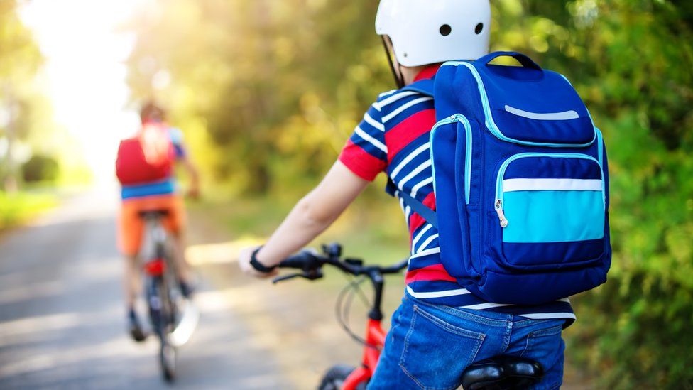 Two children with their backs to the camera cycling on a path