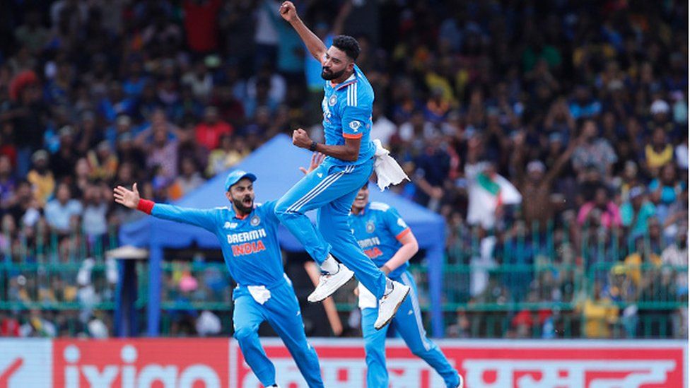 Mohammad Siraj celebrates after taking the wicket of Charith Asalanka during the Asia Cup Final match between India and Sri Lanka at R. Premadasa Stadium on September 17, 2023 in Colombo, Sri Lanka