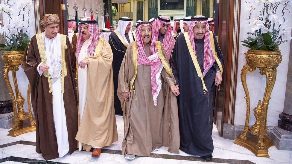 Kuwait's Emir Sheikh Sabah (2nd right) stands beside Saudi Arabia's King Salman (right) and Bahrain's King Hamad (2nd left) at a GCC summit in Riyadh on 10 December 2019