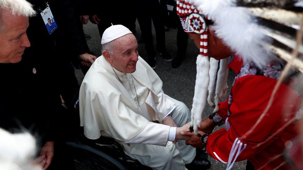 Pope Francis is welcomed after arriving at Edmonton International Airport, near Edmonton, Alberta, Canada, 24 July 2022