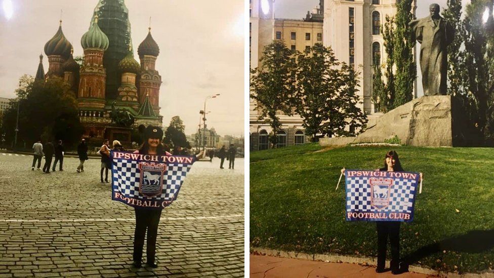 Angela Howarth outside the Ukraina Hotel in Moscow, and Red Square