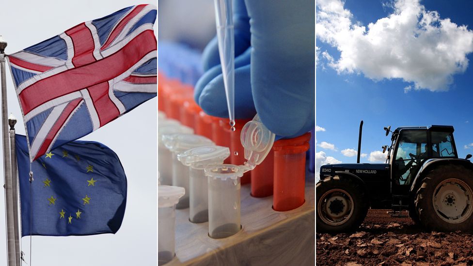 EU and UK flags, scientific work,. tractor