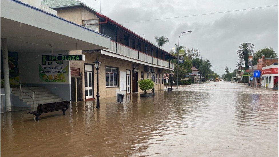 Floodwater covers a street in Laidley, in the Lockyer Valley region of Queensland