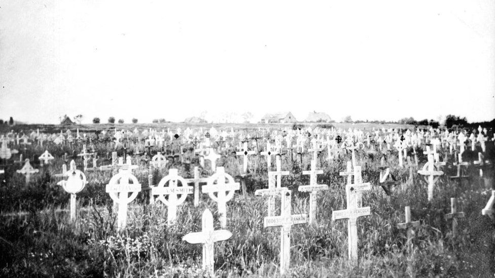 Wooden crosses at The Huts Cemetery