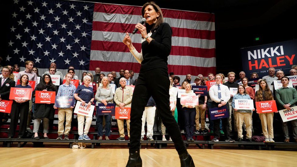 Republican presidential candidate, former U.N. ambassador Nikki Haley talks to supporters at a campaign event at the Noorda Center for the Performing Arts on the campus of Utah Valley University on February 28, 2024 in Orem, Utah
