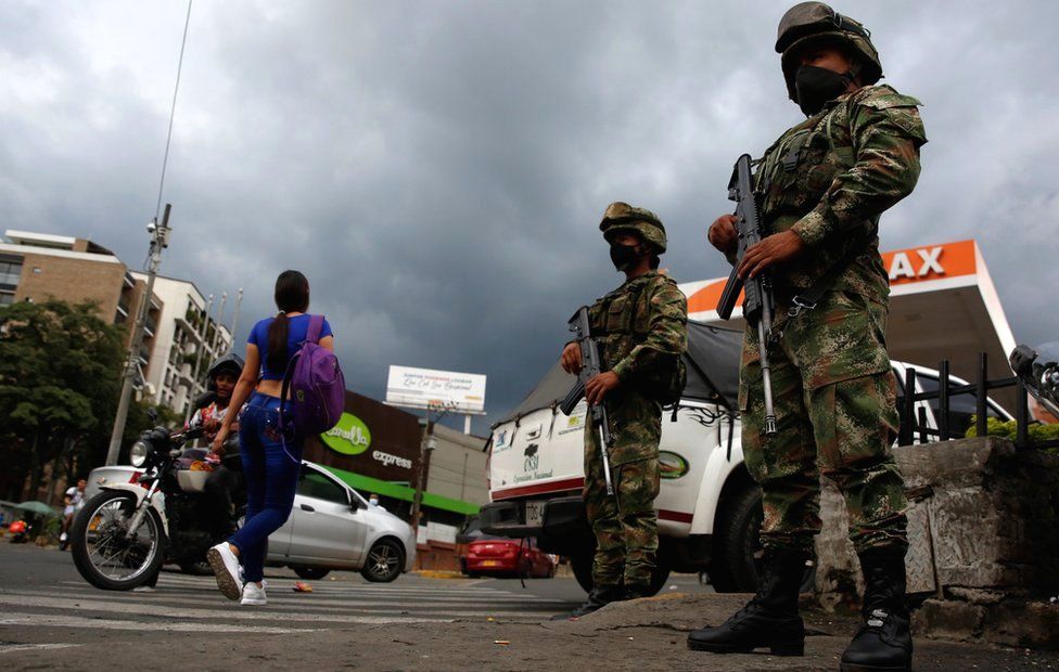 Colombian military guard the streets of Cali after violent day of protests
