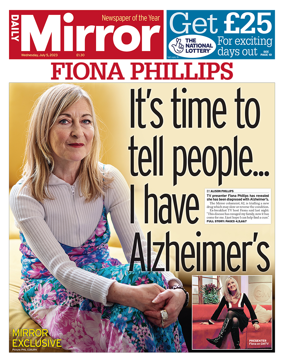 Заголовок на первой полосе Daily Mirror гласит: «Пришло время рассказать людям… У меня болезнь Альцгеймера»