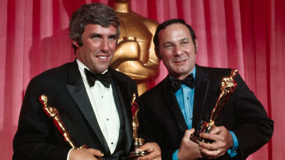 Burt Bacharach (left) and lyricist Hal David hold Oscars they won for "Raindrops Keep Falling on my Head" from "Butch Cassidy and the Sundance Kid," at the 1969 Academy Awards.
