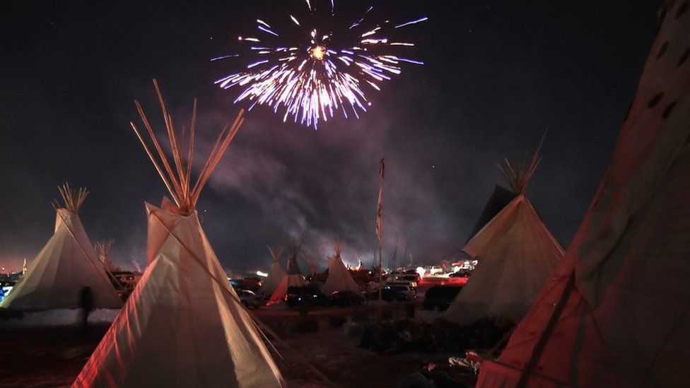 Fireworks at a Native American protest camp