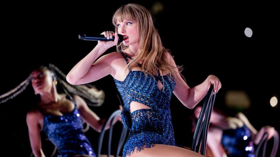 Taylor Swift performs on stage during the Eras Tour in Madrid