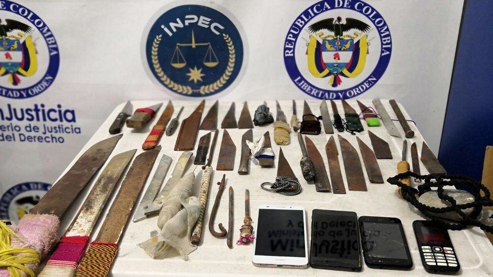 Handout photo by the Colombian prison authorities showing the weapons seized in Villavicencio jail