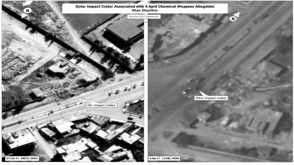 Pentagon handout showing impact crater associated with suspected chemical weapons attack in Khan Sheikhoun, Syria on 4 April 2017