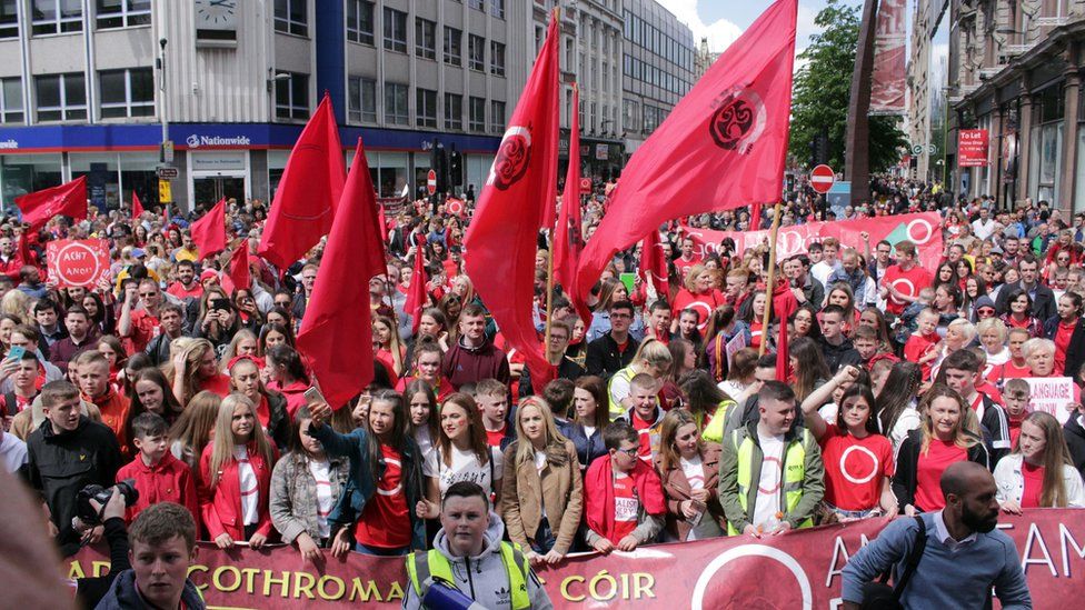 A large crowd of people at a rally in Belfast in 2017 calling for an Irish language act