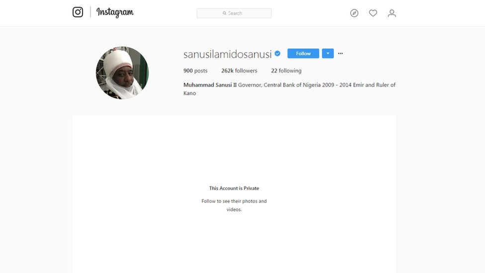 Screen shot of the fake instagram account of Emir of Kano, Muhammadu Sanusi II