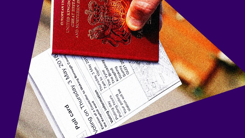 A person holding a polling card and a UK passport