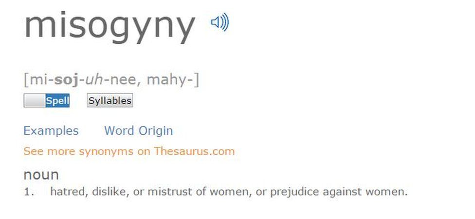 The definition of misogyny is: hatred, dislike, or mistrust of women, or prejudice against women.