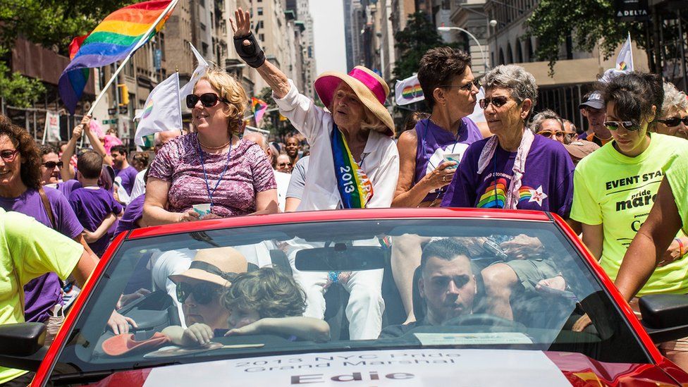 Edie Windsor, who successfully sued the US government in a court case that went to the Supreme Court for banning gay marriage in California, at the New York Gay Pride Parade, 30 June 2013