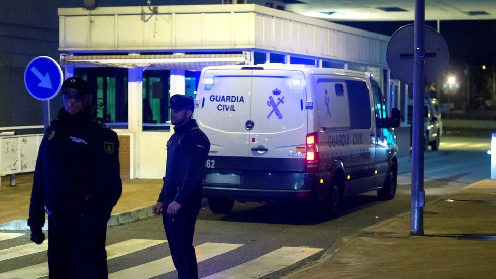 Police vehicle believed to carry former Catalan leaders arrives at the Alcala Meco prison in Madrid, Spain, 23 March 2018