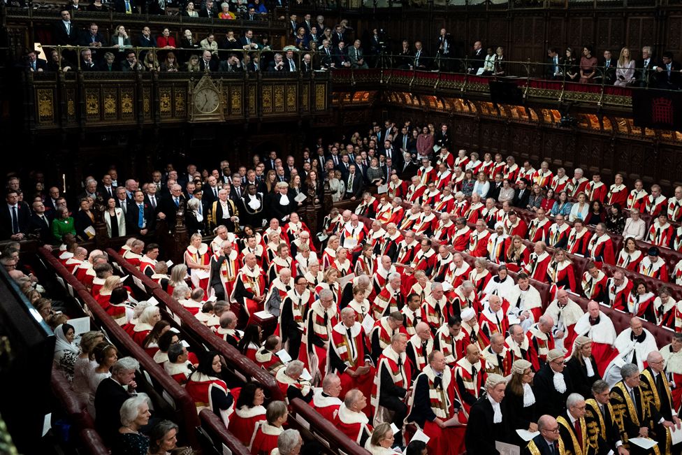 Members of the House of Commons and Lords during the State Opening of Parliament, in the House of Lords at the Palace of Westminster in London.